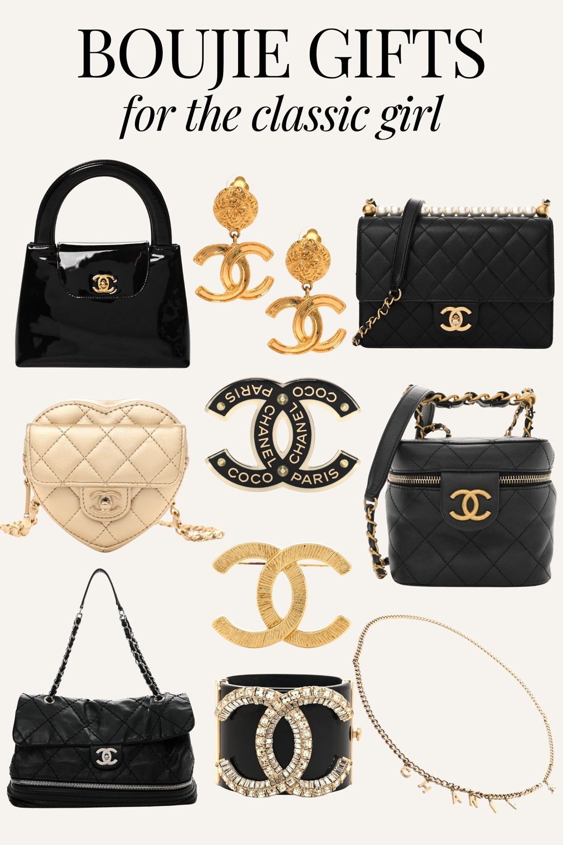 Boujie gifts for the classic girl! Chanel bag, Chanel pin, Chanel earrings, Chanel belt, black chanel bag, gold Chanel bag, designer gifts, gift guide for her, splurge gifts 

#LTKGiftGuide #LTKItBag #LTKHoliday