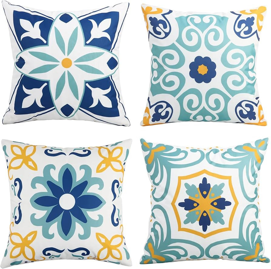 Pyonic Outdoor Waterproof Throw Pillow Covers Set of 4 Floral Printed and Boho Farmhouse Summer O... | Amazon (US)
