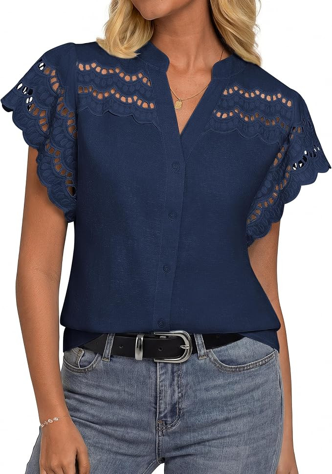 GRACE KARIN Womens Summer Tops Cotton Linen Eyelet Flowy Blouses Beach Vacation V Neck Button Dow... | Amazon (US)