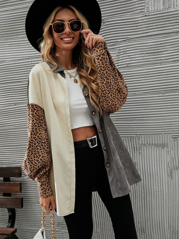 Cut And Sew Leopard Corduroy Coat | SHEIN