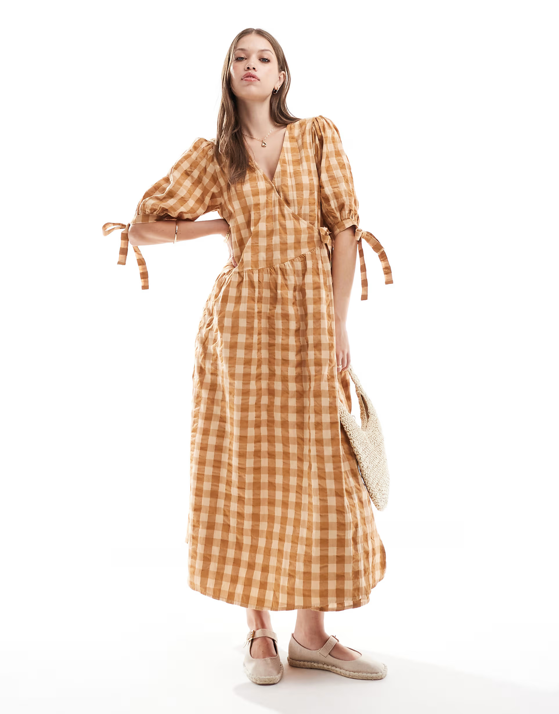 ASOS DESIGN wrap midi smock dress in stone gingham | ASOS (Global)