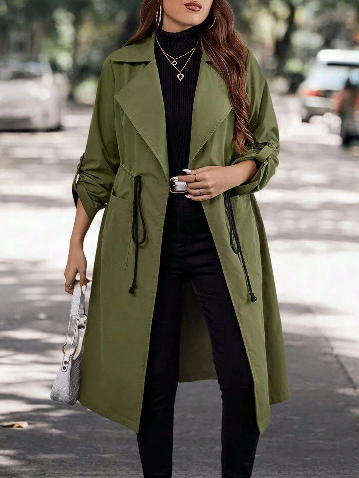 SHEIN LUNE Plus Roll Tab Sleeve Drawstring Waist Trench Coat | SHEIN