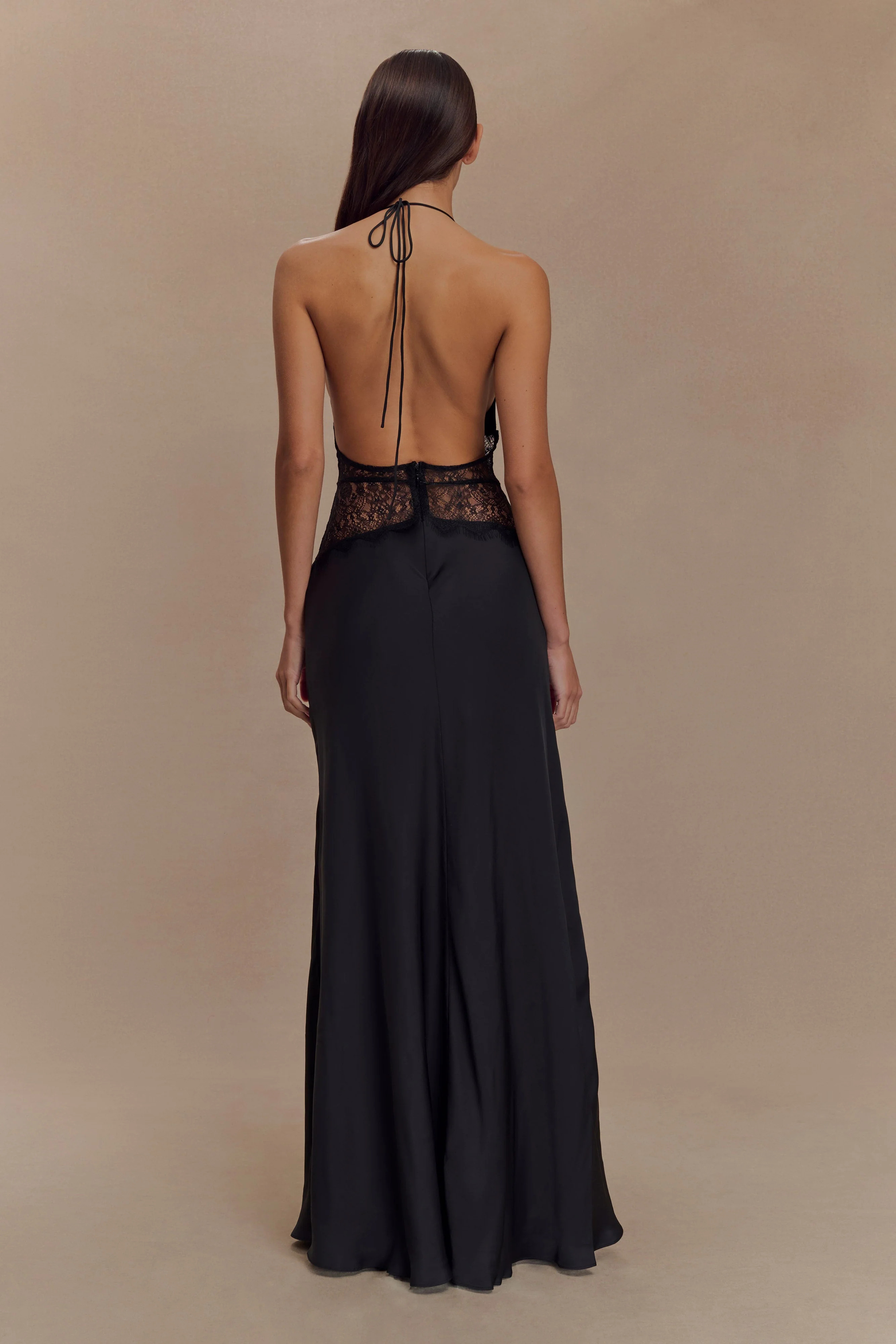 Lace And Satin Maxi Dress - Black | MESHKI US