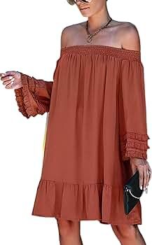 Theenkoln Women Dresses Casual Long Sleeves Off Shoulder Sexy Ruffle Loose Flowy Swing Mini Dress | Amazon (US)