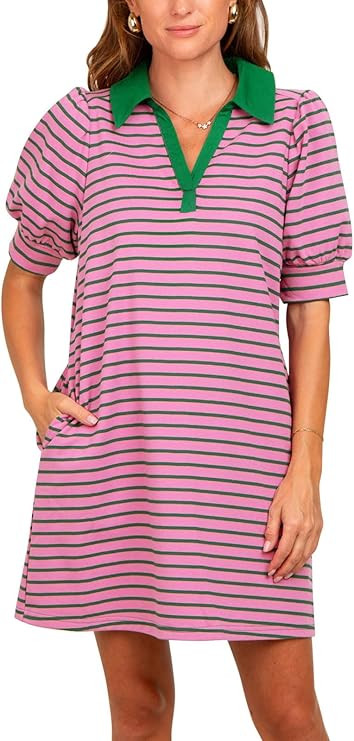 Yousify Women's Summer Lapel Collared V Neck Striped Dress Casual Puff Short Sleeve Polo Tshirt D... | Amazon (US)