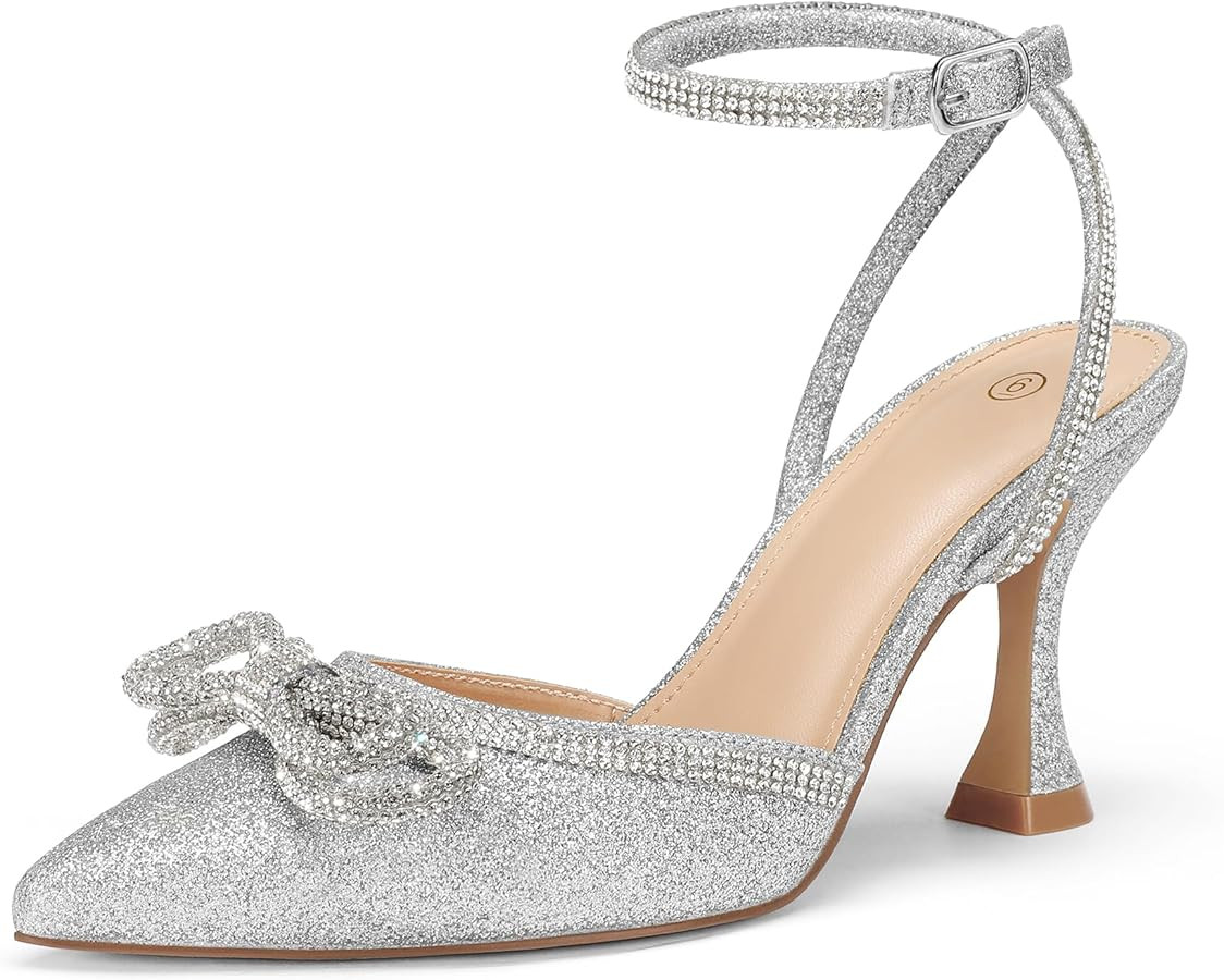mysoft Women's Rhinestone Bow Pumps Wedding Dress Shoes Pointed Toe Ankle Strap Kitten Heels | Amazon (US)