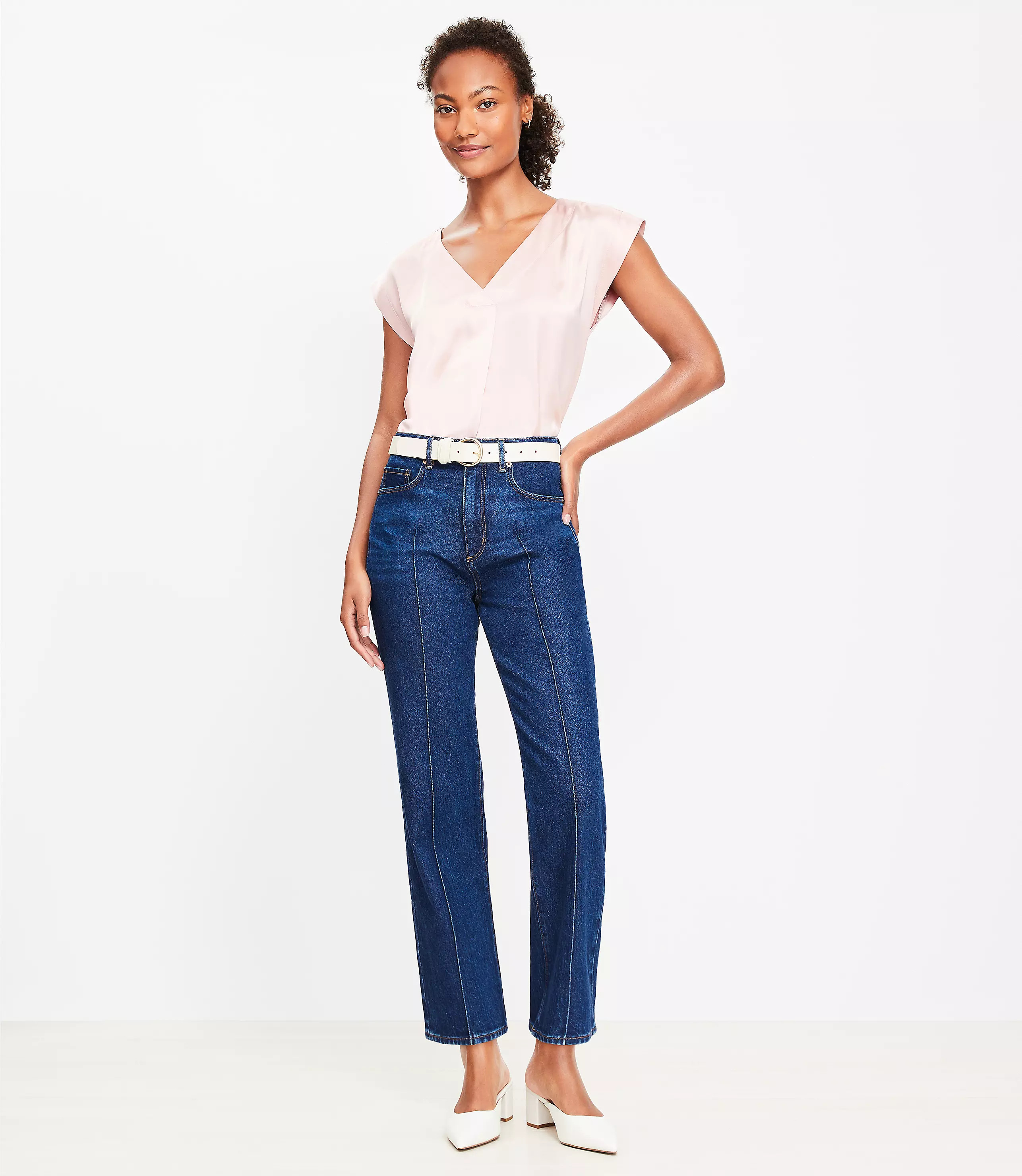 Pintucked High Rise Straight Jeans in Refined Dark Indigo Wash | LOFT
