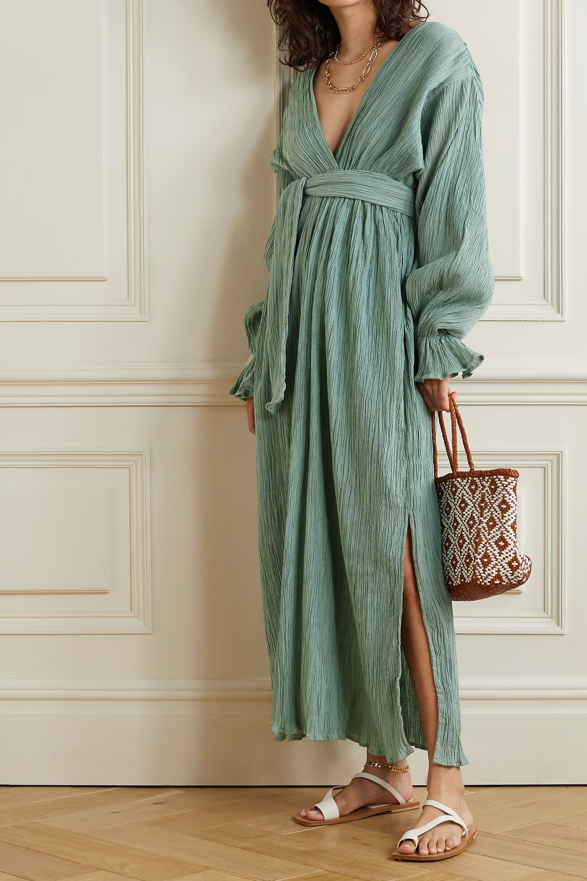 + NET SUSTAIN Mahria belted crinkled organic cotton-gauze maxi dress | NET-A-PORTER (US)