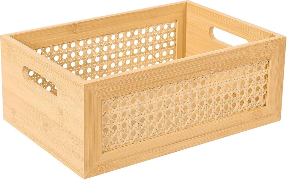 LaMorée Large Rattan Storage Basket Handmade Natural Bamboo Woven Storage Bin with Wooden Frame ... | Amazon (US)