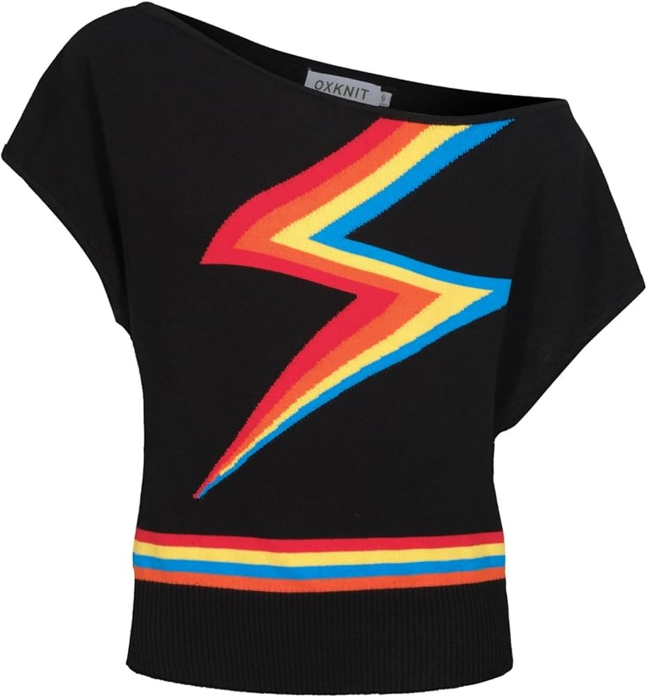 OXKNIT Knit Off The Shoulder T-Shirt for Women, Retro Colorful Lightning Pattern Ribbed Tops Tee ... | Amazon (US)