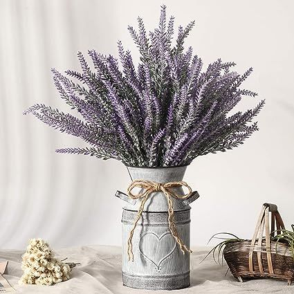 LESING Artificial Lavender Flowers with Vase Fake Lavender Plants in Decorative Metal Vase Rustic... | Amazon (US)