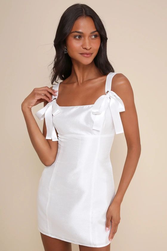 White Ribbon Bow Mini Dress | White Mini Dress | White Satin Dress | Lulus