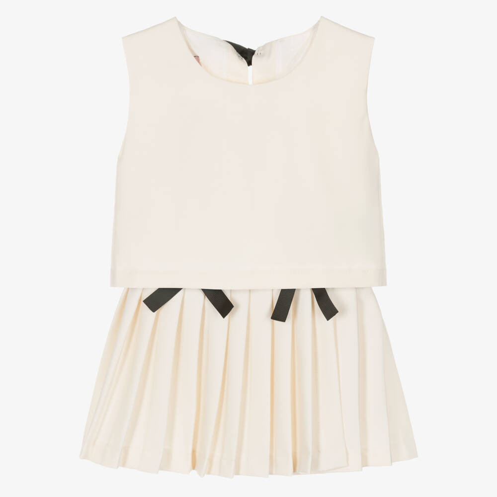 Girls Ivory Twill Pleated Skirt Set with Black Bows | Childrensalon