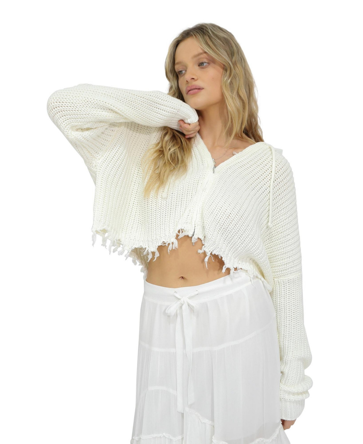 Belle & Bloom Women's Another Love Fringe Knit Zip Cardigan - Cream | Macy's