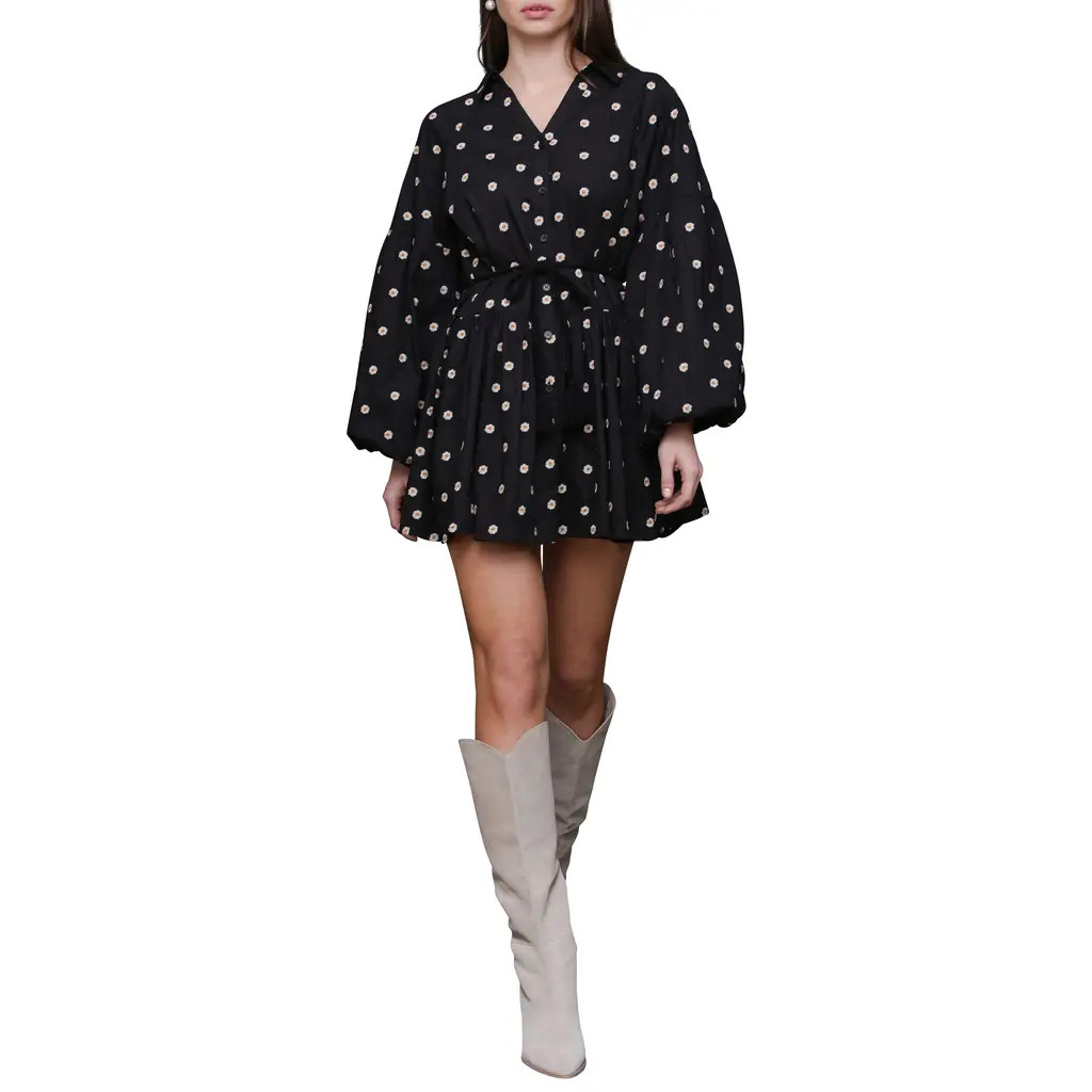 Avec Les Filles Embroidered Long Sleeve Babydoll Mini Shirtdress in Black Daisy Embroide at Nordstrom Rack, Size 2 | Nordstrom Rack