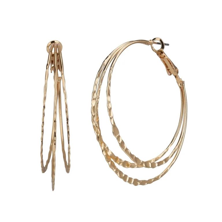 Time and Tru Gold Triple Layer Hammered Hoop Earring | Walmart (US)