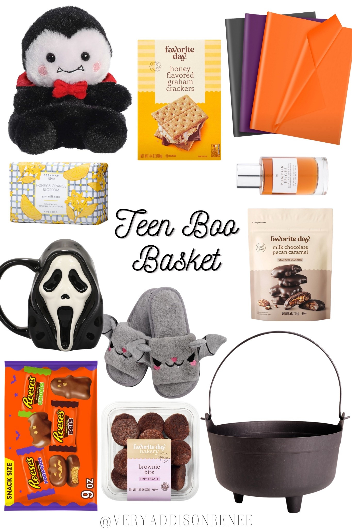 Teen Boo Basket Ideas 🕸️✨ This spooky Halloween gift basket is packed with cozy, fun, and affordable finds — perfect for teens, tweens, and best friends who love aesthetic fall vibes. Most items are from Target, making it super easy to recreate!

What’s inside:
🧸 Vampire plush + bat slippers (cozy + cute)
☕ Scream ghost mug (the ultimate spooky season vibe)
🍫 Favorite Day snacks: brownie bites, pecan caramel clusters, honey graham crackers
🧼 Beekman Honey & Orange Blossom bar soap
🎃 Pumpkin spice fragrance spray
🍬 Reese’s Halloween candy
🧺 Black cauldron basket

This boo basket for teens is the ultimate Halloween 2025 gift idea — filled with cozy essentials, aesthetic Target finds, and TikTok-inspired goodies. Great for sisters, daughters, besties, or anyone who loves spooky season 👻🎃🕷️

#LTKU #LTKFindsUnder50 #LTKSeasonal