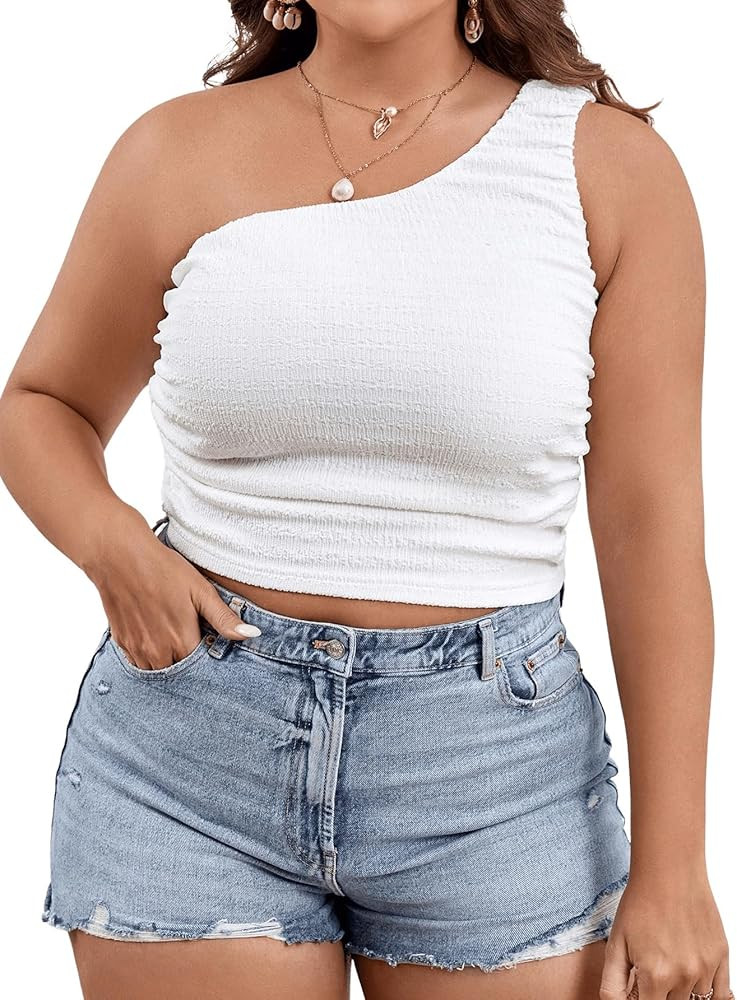 Women's Plus Size One Shoulder Crop Tops Sexy Asymmetrical Neck Sleeveless Ruched Tank Top | Amazon (US)