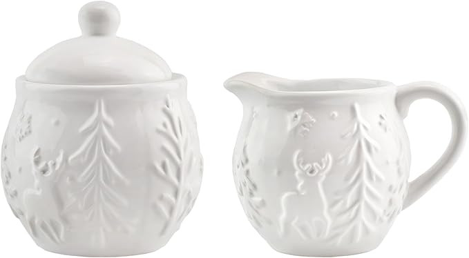AuldHome Reindeer Christmas Cream and Sugar Set; Ceramic Embossed White Serving Sugar Bowl and Cr... | Amazon (US)