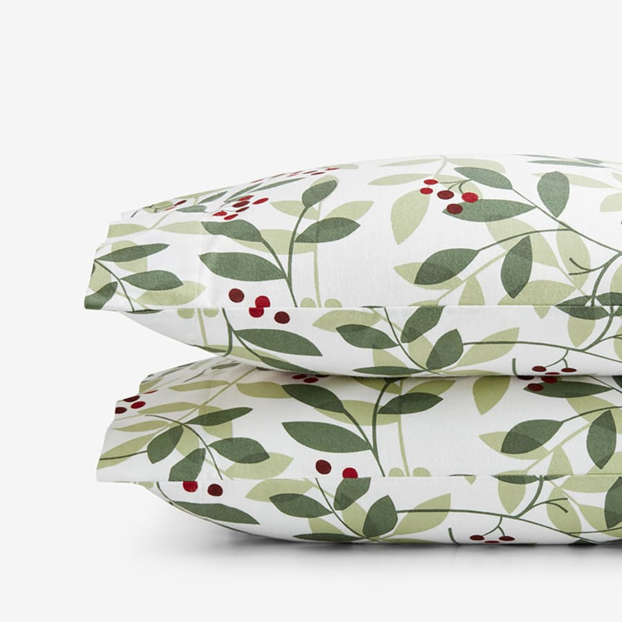Holiday Print Classic Ultra-Cozy Cotton Velvet Flannel Pillowcase Set - Berries And Leaves, Stand... | The Company Store