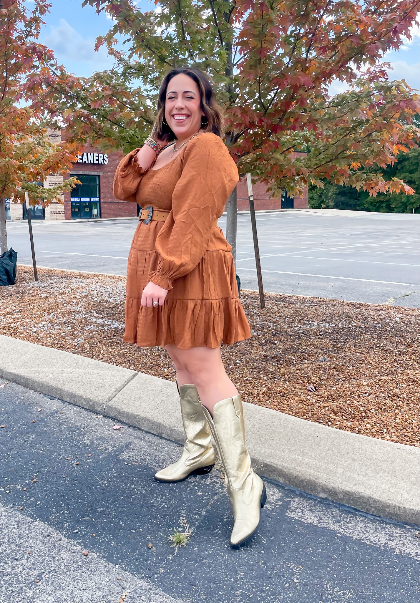 Size 1X in brown dress 
Gold boots size up half size 

Belt old from free people 

Necklaces Kendra Scott 

Shop this look- 
Fall dress, curvy fall dresses, midsize style, fall family photos, family photos, Nashville outfit inspo, outfit inspo for curvy girls, size 16 style 

#LTKstyletip #LTKcurves #LTKSeasonal