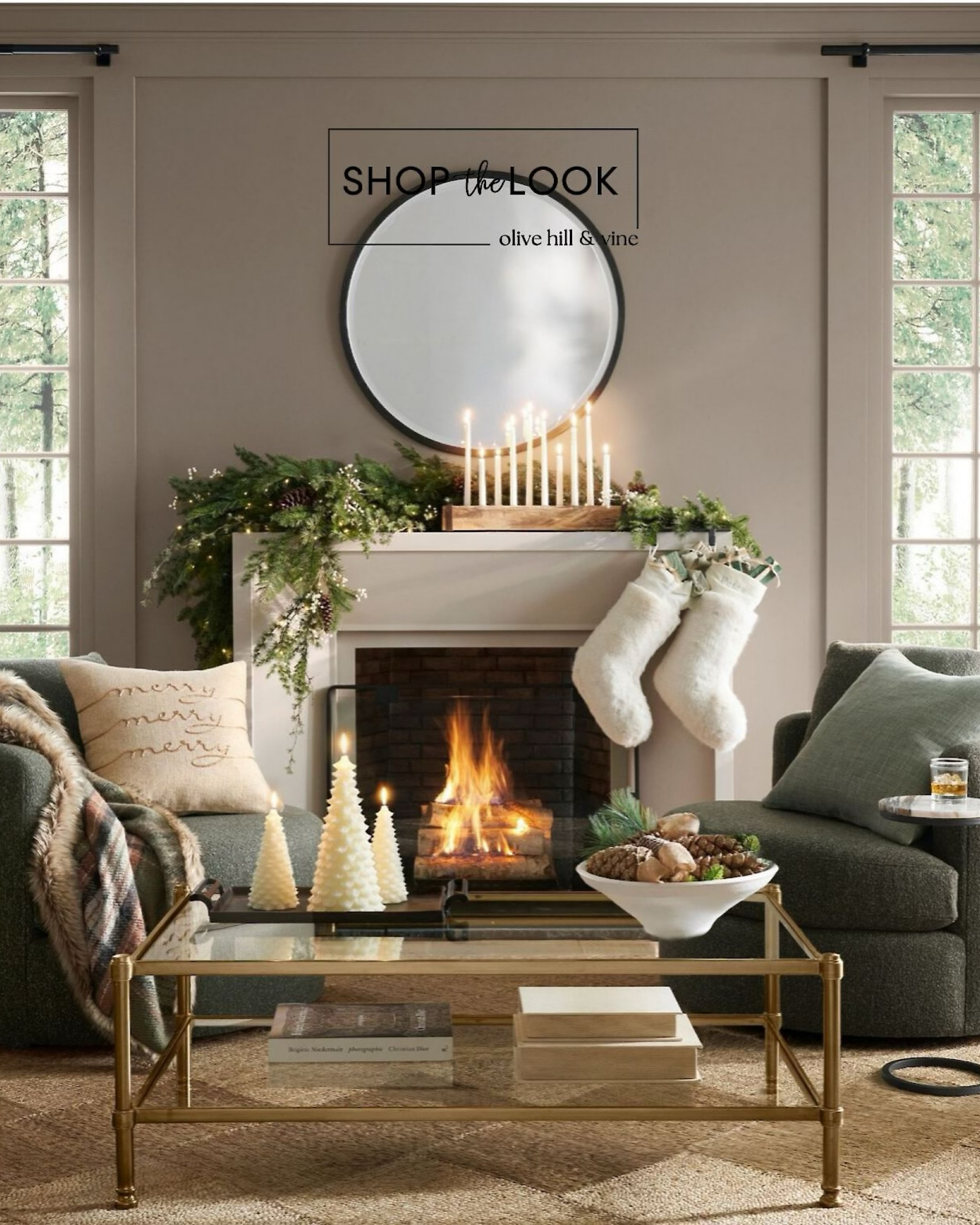 Get cozy with a festive holiday update for your living room. Imagine a warm sitting area featuring evergreen swivel chairs in performance micro boucle, paired with merry pillows and plaid fur throws. A glass coffee table, antique tray, and tree-shaped candles set the tone. Dress your mantle with an oversized lit faux garland, a wood and iron taper candle block, faux fur alpaca stockings, and a round mirror to reflect the glowing lights. 

#LTKHome #LTKSeasonal #LTKHoliday