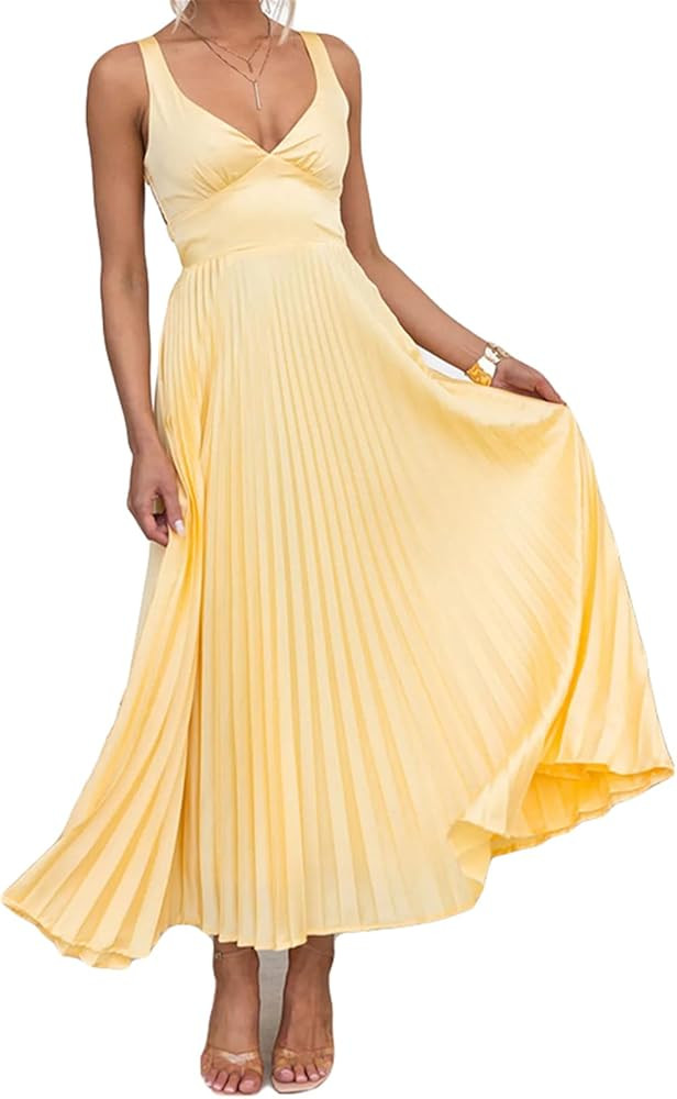 Womens Sexy Sleeveless Deep V Neck Satin Pleated Ruffles Bodycon Party Clubwear Dress | Amazon (US)