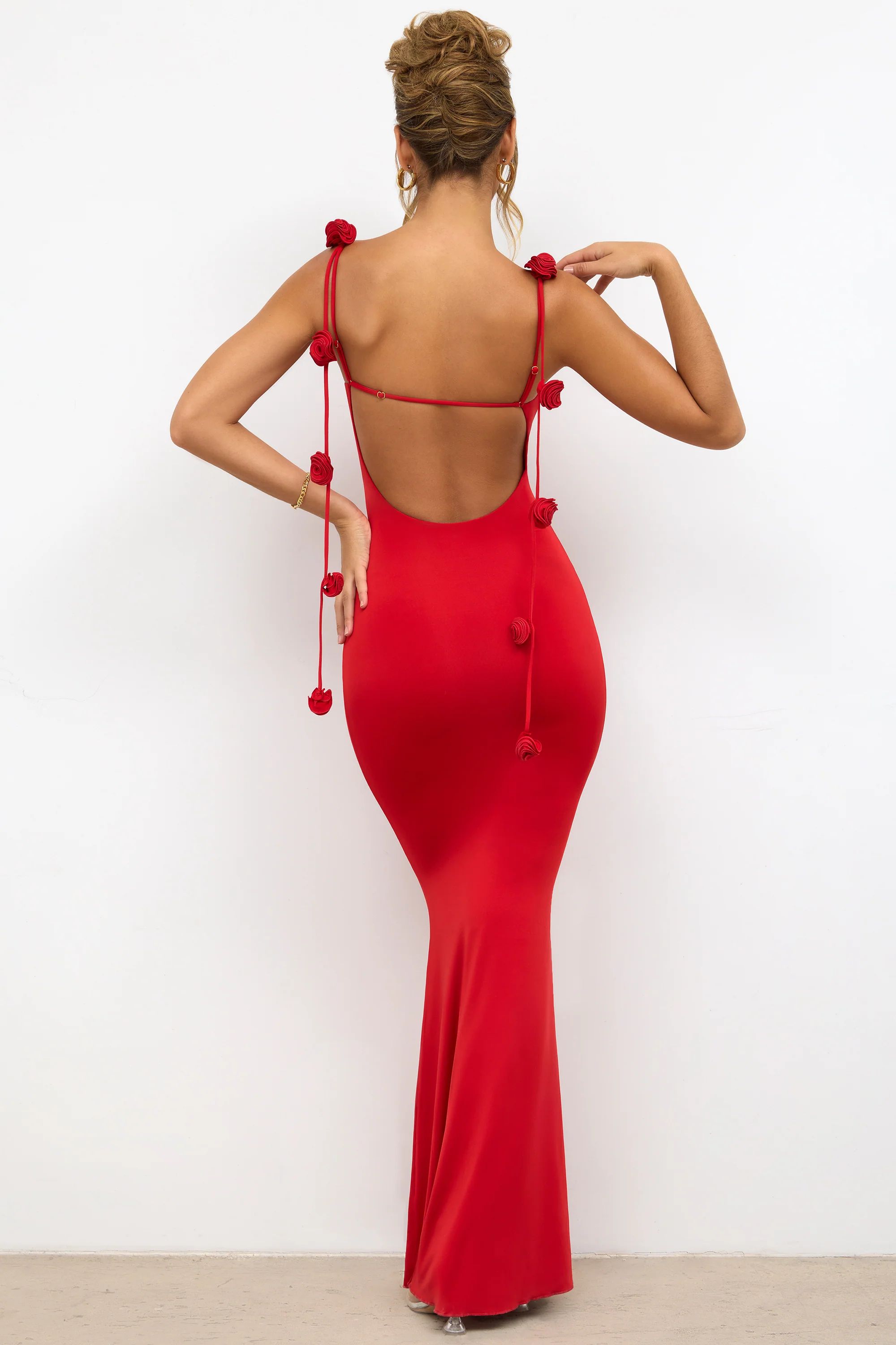 Slinky Jersey Rose Detail Evening Gown in Scarlet Red | Oh Polly