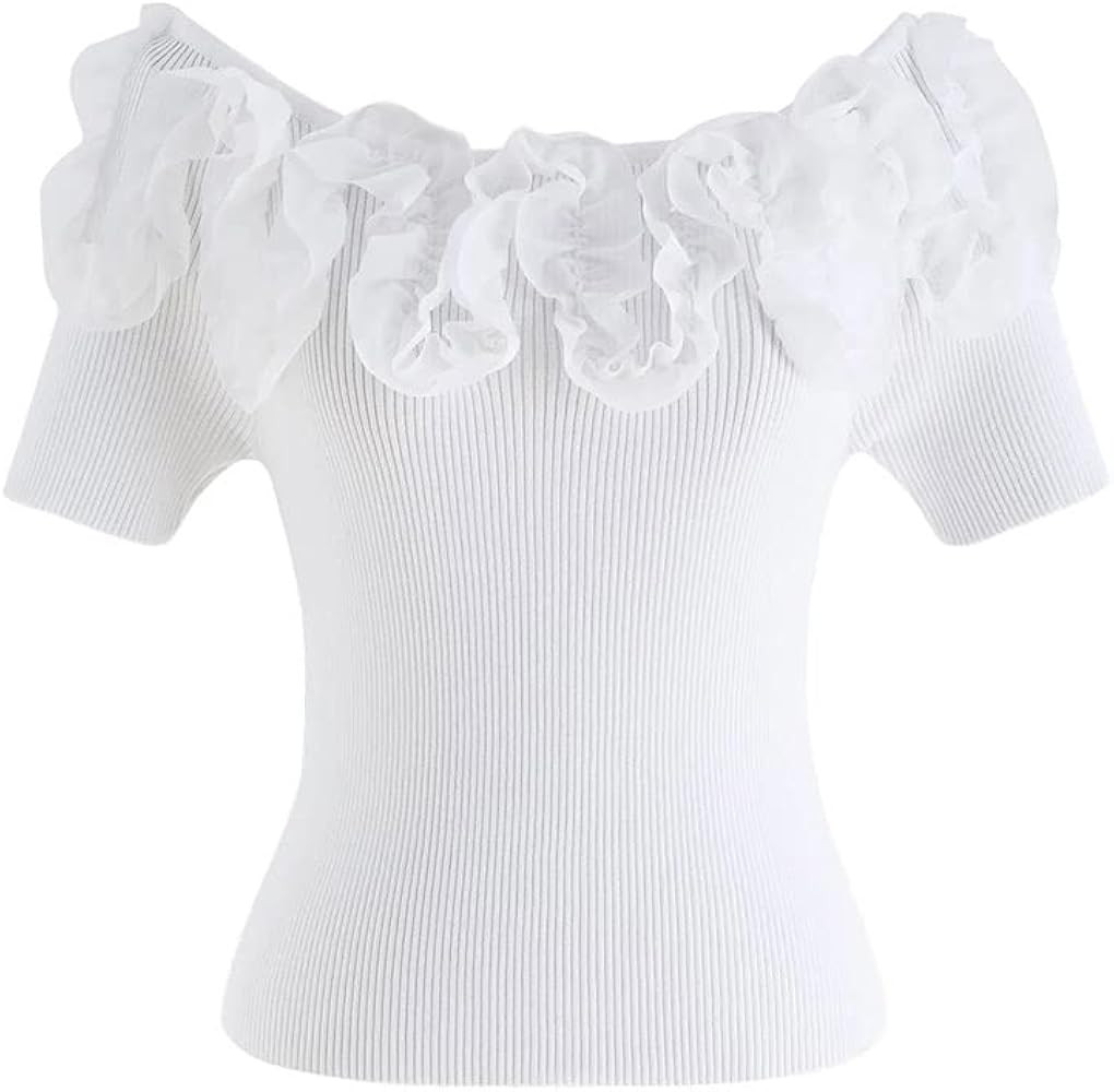 CHICWISH Women's Black/White/Pink Ruffle Mesh Boat Neck Knit Top | Amazon (US)