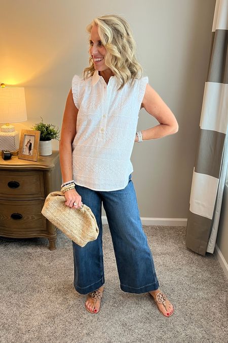 White and denim classic for summer 
Use LISAXSPANX on jeans. My favorite wide leg cropped jeans 

#LTKFindsUnder50 #LTKSaleAlert #LTKFindsUnder100