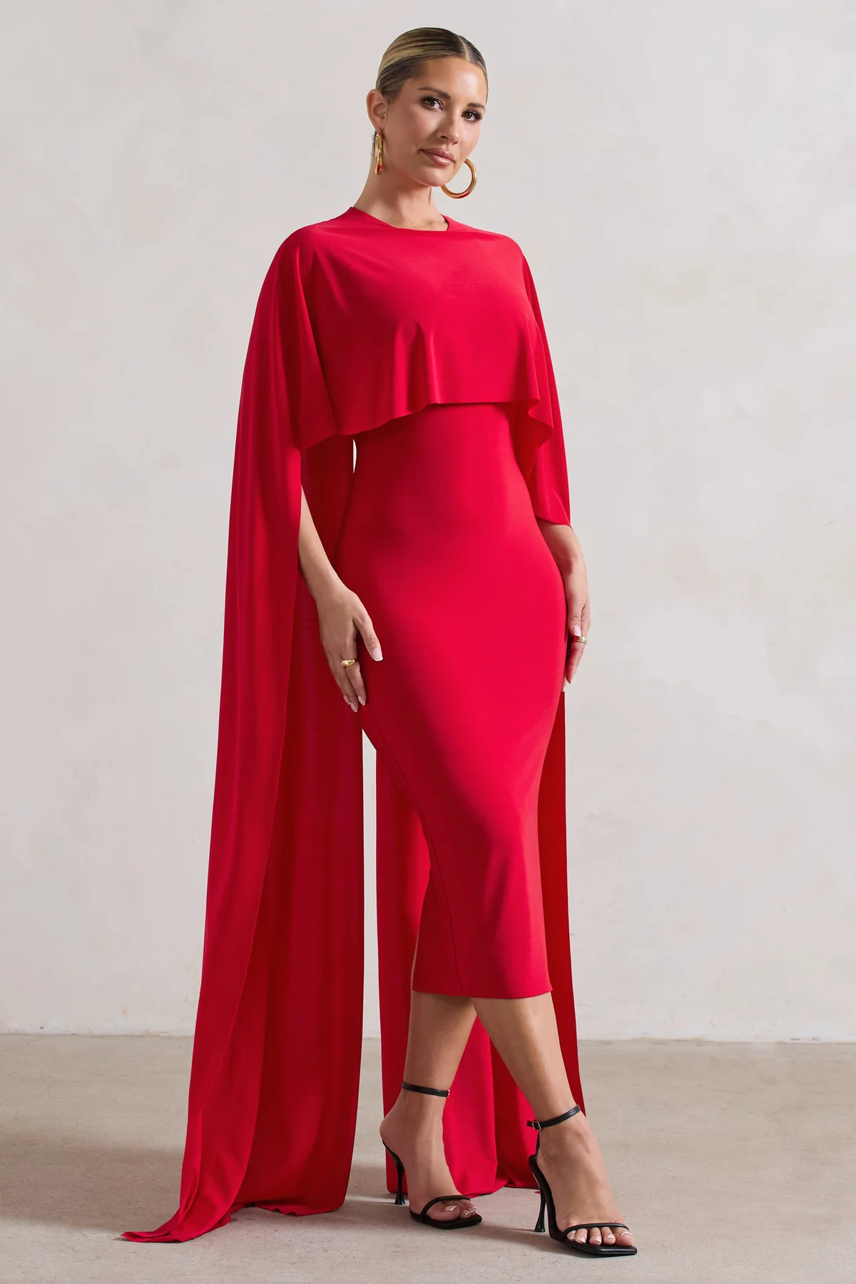 Camellia | Red Midi Dress With High-Low Cape | Club L London