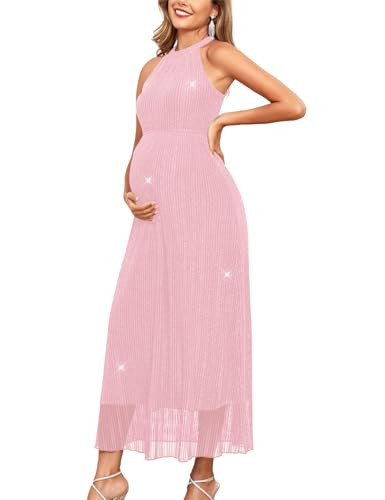 AISWI Maternity Sparkly Mesh Dress Halter Neck Sleeveless A Line Pregnancy Dresses Semi Formal Baby Shower Photoshoot, Pink, Medium | Amazon (US)