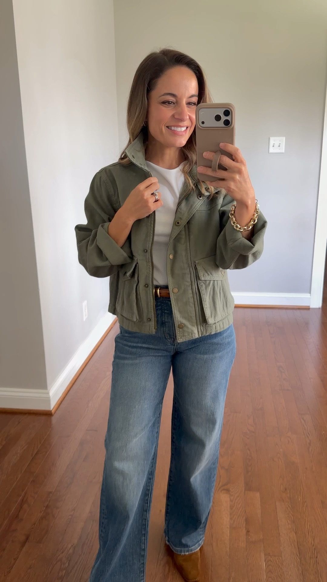 And a closer look at the jacket! Great fall outfit idea. 

Madewell Perfect Vintage Wide Leg: petite 24 - 10 3/8” rise 28” inseam 

Late Fall
T-Shirt (Old Navy): xs 
Jacket (Abercrombie): xxs 
Boots (Steve Madden)

Transitional outfits / early fall outfits / petite jeans

#LTKPetite