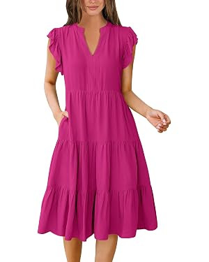 ANRABESS Womens Summer Dress Ruffle Sleeve V Neck Midi Dresses Fashion Casual Fit Flowy Tiered Bo... | Amazon (US)