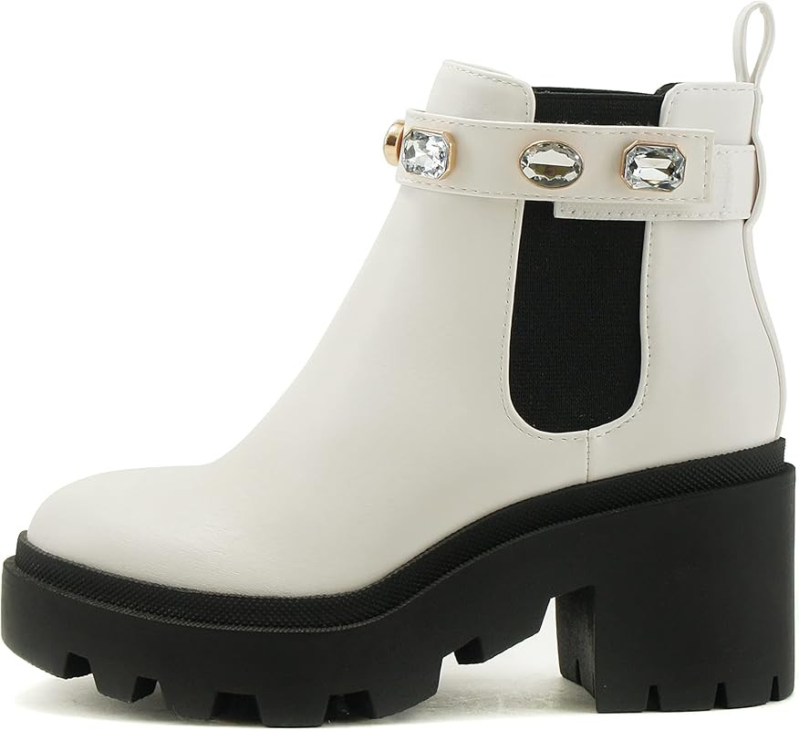 Soda PROFILE Women Lug Sole Mid Heel Chelsea Fashion Ankle Bootie w/Gleaming Studs | Amazon (US)