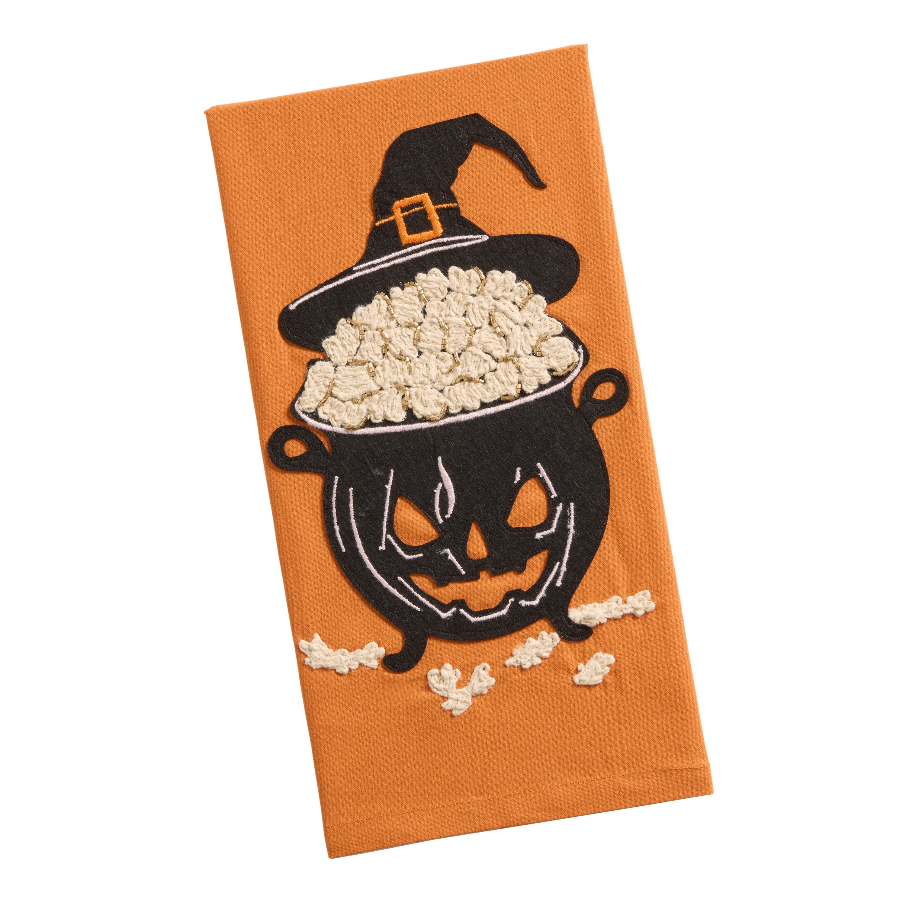 Orange and Black Pumpkin Popcorn Embroidered Kitchen Towel | World Market