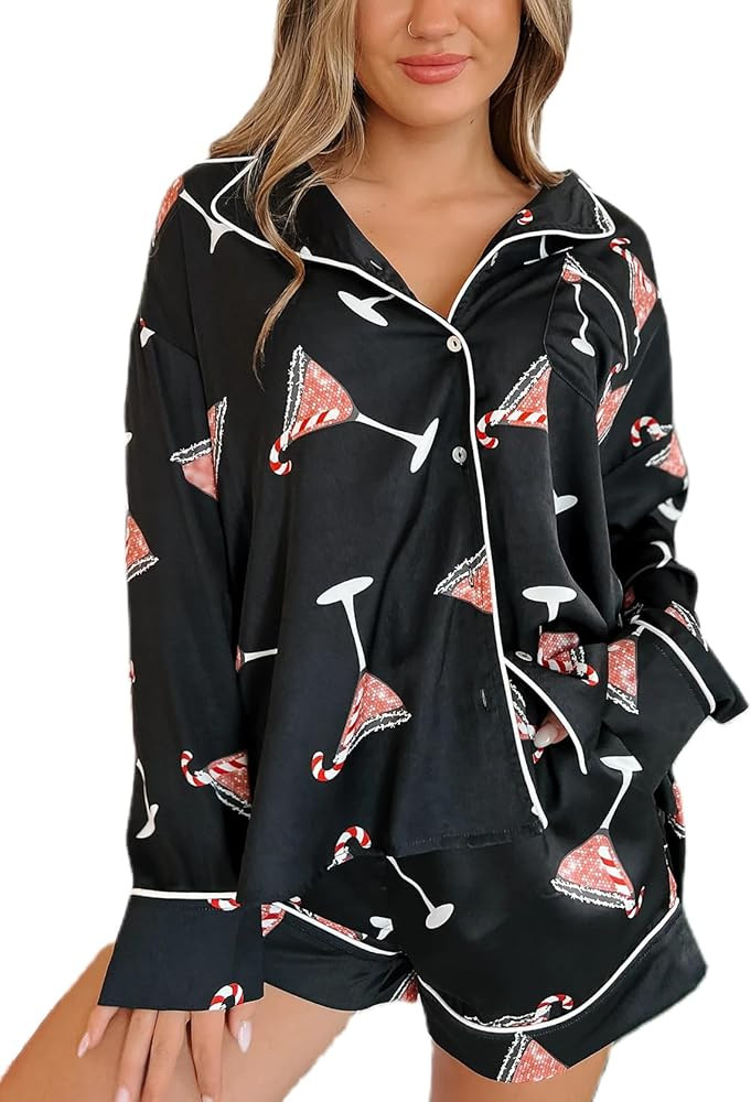 Women Christmas Pajamas Shorts Set Santa Claus Pjs Long Sleeve Button Down Shirt+Pants 2 Piece Xm... | Amazon (US)
