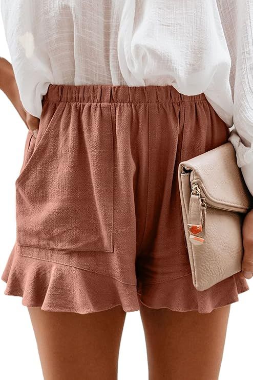 Paitluc Womens Elastic Waist Side Pockets Ruffle Linen Shorts Summer Casual Size S-XL | Amazon (US)