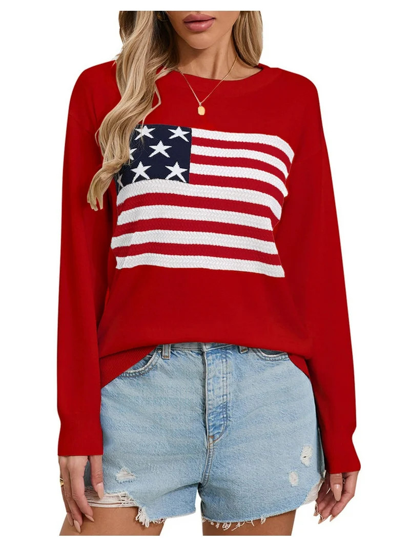 American Flag Graphic Sweaters for Women Casual 4th of July Crew Neck Sweater Long Sleeve Lightwe... | Walmart (US)