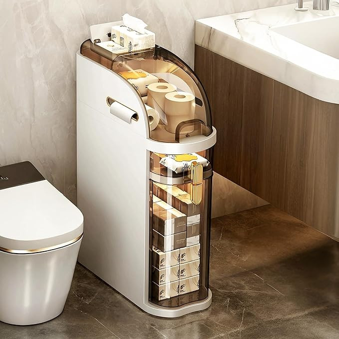 2-Tiers Narrow Bathroom Floor Storage Cabinet 7.1″ Plastic Drawers Organizer with Tissue Box an... | Amazon (US)