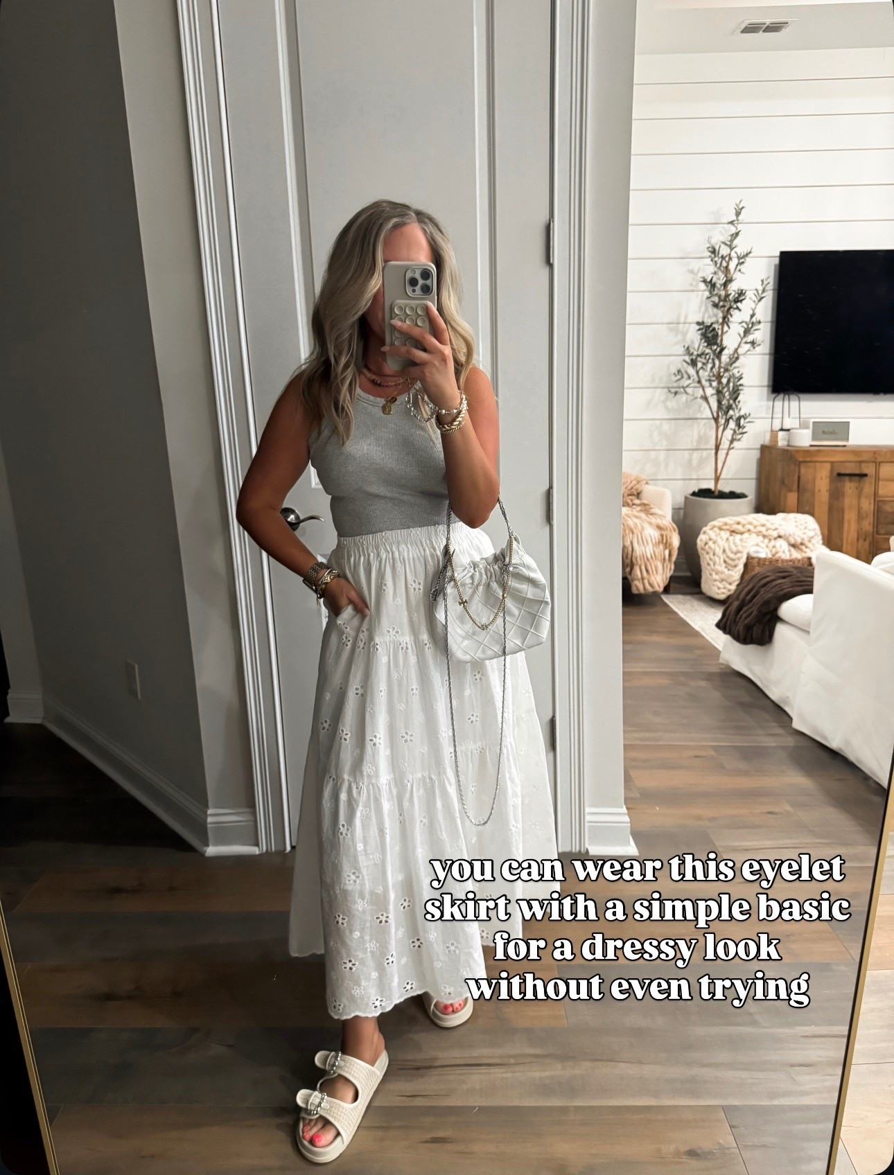 The cutest eyelet maxi skirt with pockets, perfect for spring and summer. Double lined and looks cute with your favorite basic. Wearing a small, added a tank with built in padding. Spring outfit summer outfits

#LTKOver40 #LTKPetite