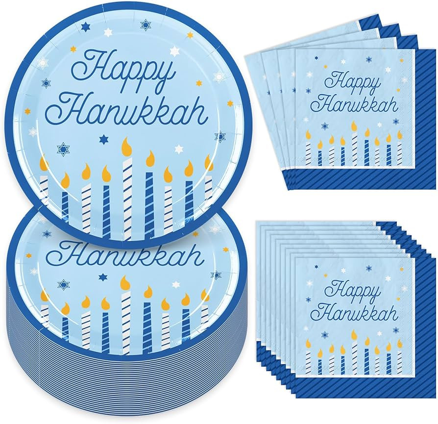 48Pcs Happy Hanukkah Tableware Set Blue Candle Star Disposable Dinnerware 24Pcs Paper Plate 24Pcs... | Amazon (US)