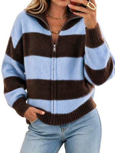 Cicy Bell Women Striped Color Block Cardigan Zip Long Sleeve Knit Sweater | Amazon (US)