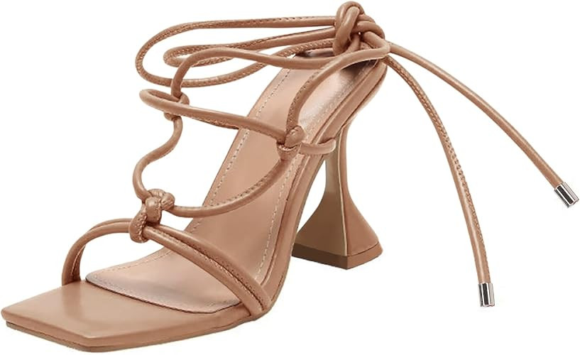 Women's Lace Up Heeled Sandals Square Open Toe Pumps Strappy Stiletto Heel Dress Party Summer Sho... | Amazon (US)