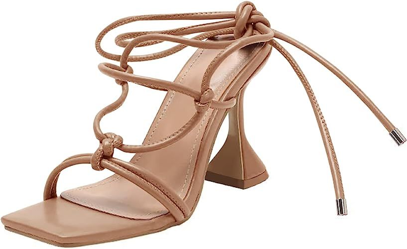 Women's Lace Up Heeled Sandals Square Open Toe Pumps Strappy Stiletto Heel Dress Party Summer Sho... | Amazon (US)