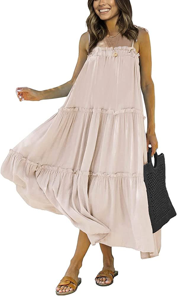 BTFBM Women's Summer Adjustable Spaghetti Strap Sleeveless Dresses Casual Loose Tiered Ruffle Cam... | Amazon (US)
