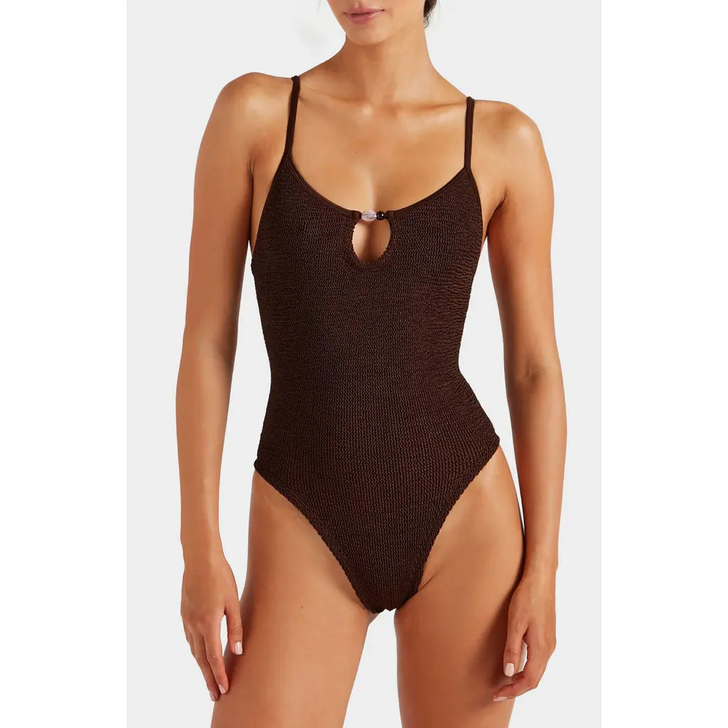 Hunza G Mia Beaded One-Piece Swimsuit in Metallic Chocolate at Nordstrom | Nordstrom