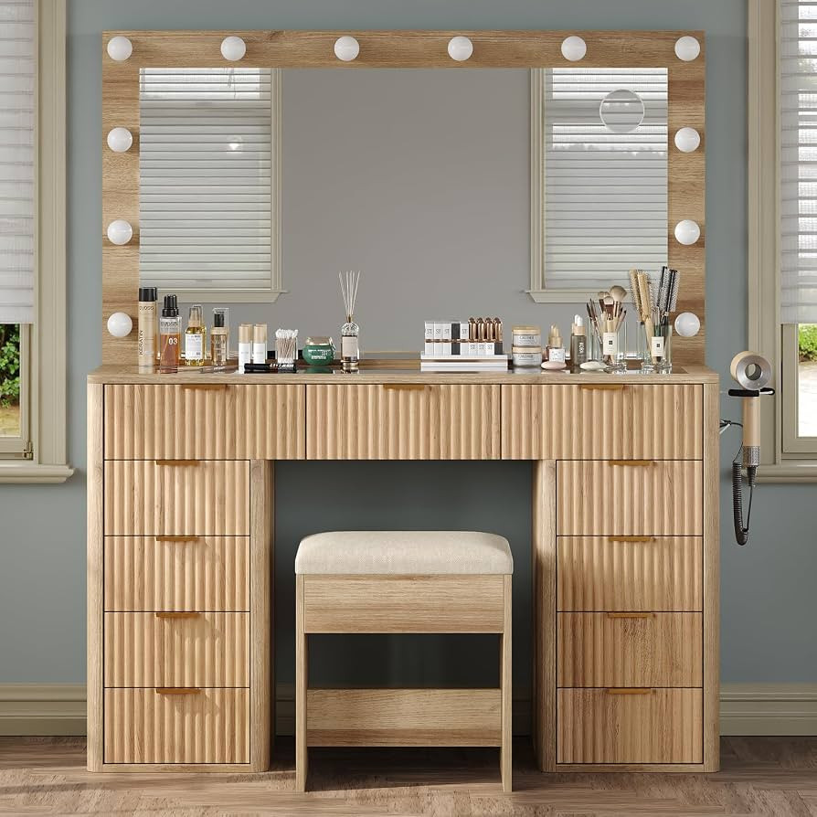 47" Vanity Desk with 3-Color LED Mirror & 11 Drawers, Fluted Makeup Vanity with Glass Top, Chargi... | Amazon (US)