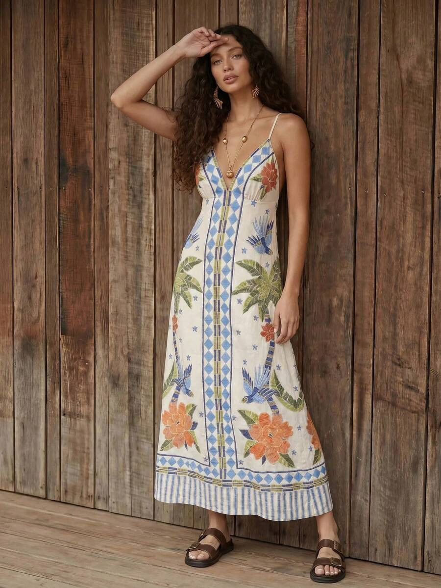 CAJUNI Women's Coconut Tree & Bird Print Casual Vacation Travel Spaghetti Strap Dress | SHEIN