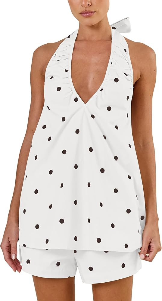 Polka Dot Short Sets for Women Deep V Neck Sleeveless Halter Top High Rise Shorts Matching 2 Piec... | Amazon (US)